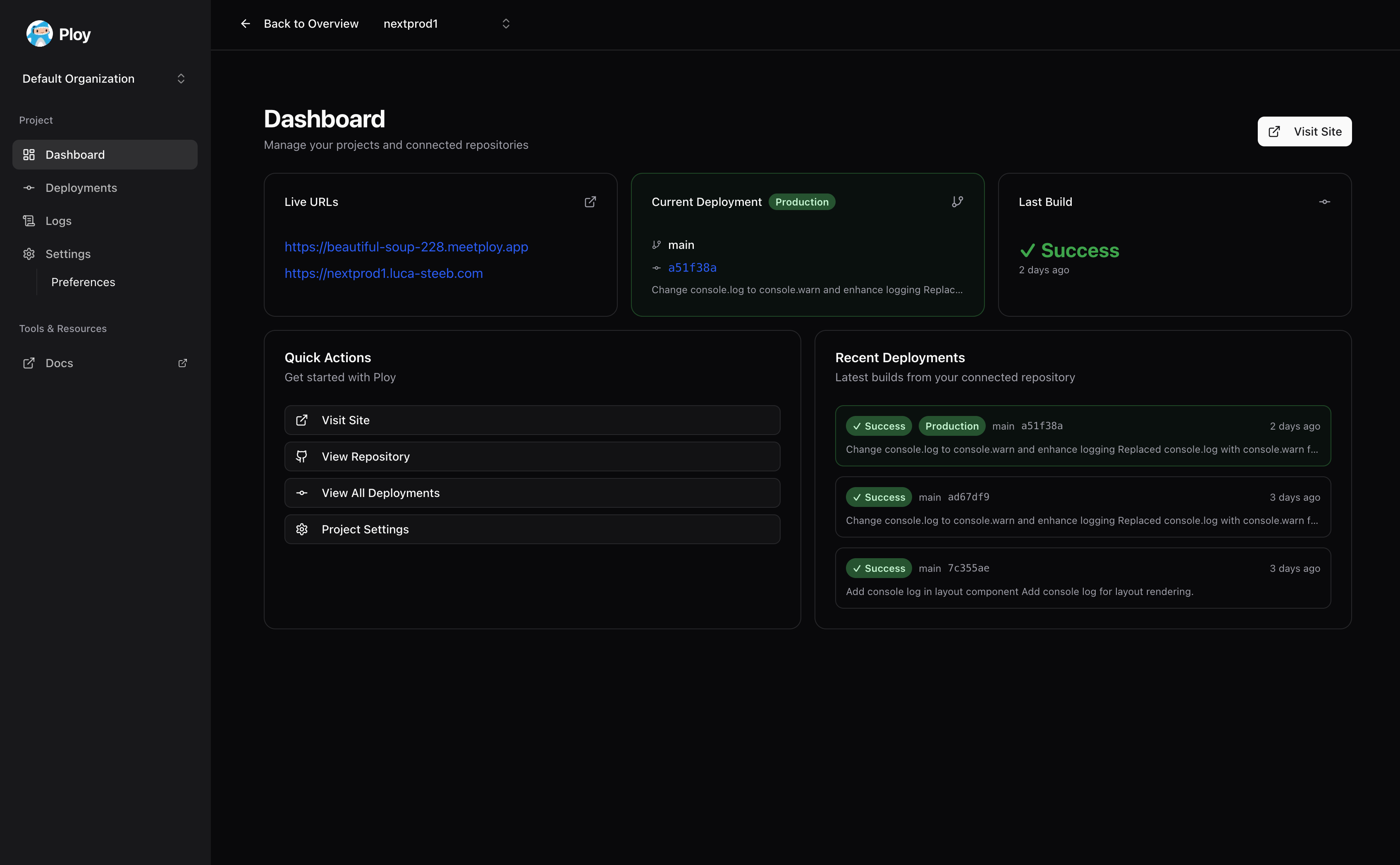Ploy dashboard showing a project's live URLs, current deployment, and recent build history