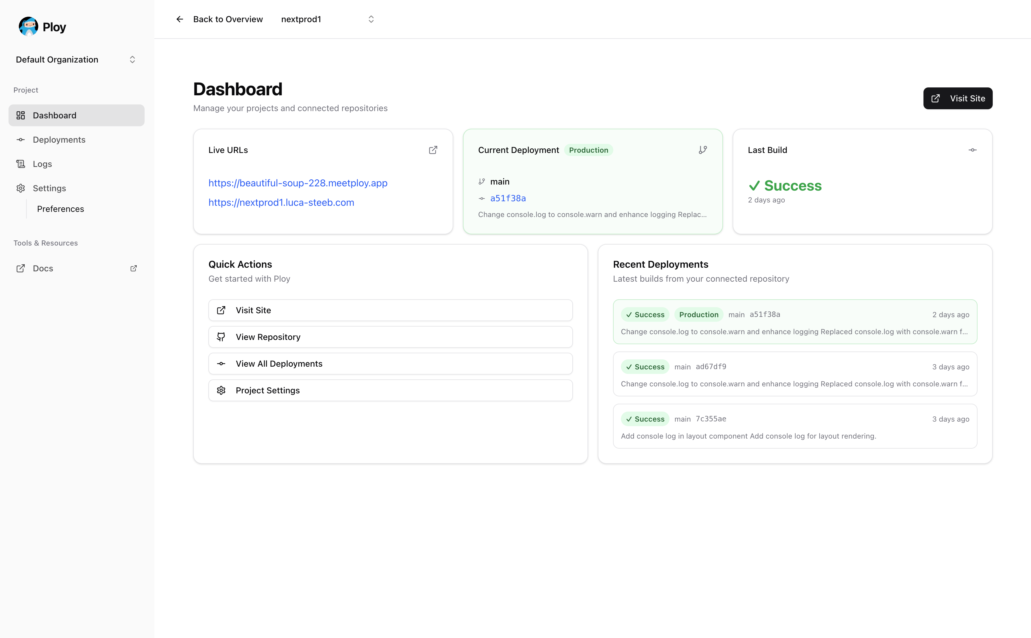 Ploy dashboard showing a project's live URLs, current deployment, and recent build history