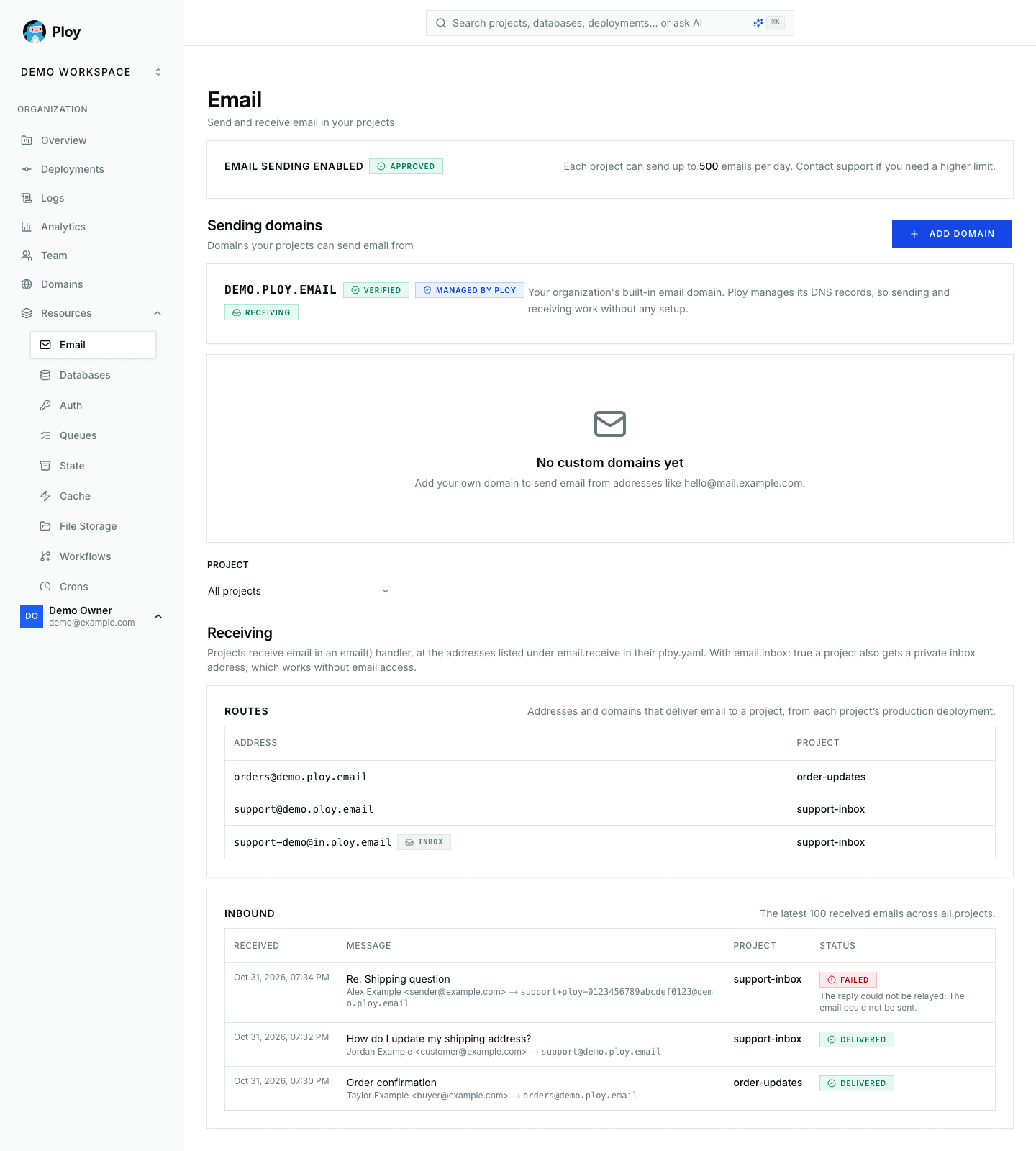 The Email page in a local demo workspace, showing its ploy.email domain, project filter, receiving routes and inbound delivery statuses